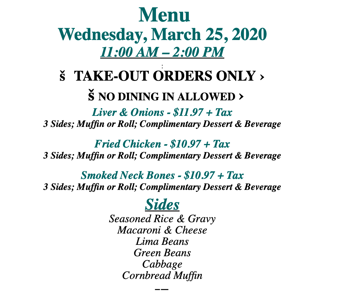 Trinity's Menu for Wednesday